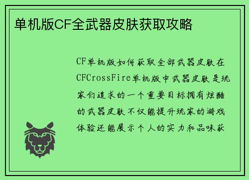 单机版CF全武器皮肤获取攻略